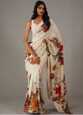 Pure Crepe Printed White Designer Saree