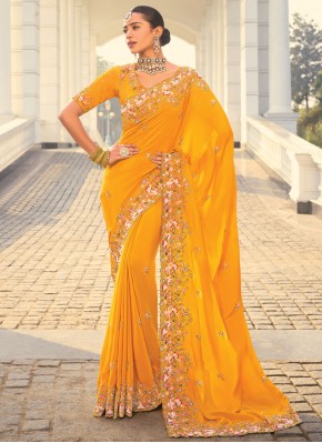 Pure Crepe Yellow Thread Designer Saree