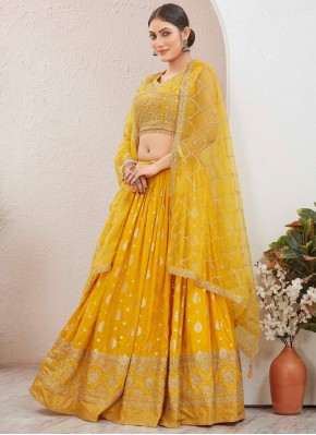 pure-dola Embroidered Yellow Readymade Lehenga Choli