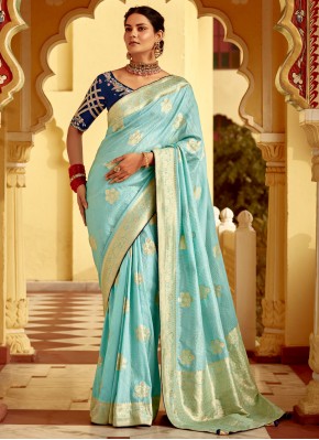 pure-dola Zari Classic Saree in Aqua Blue