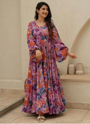 Purple Digital Print Chinon Trendy Gown