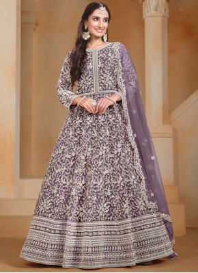 Purple Embroidered Floor Length Gown