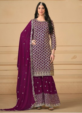 Purple Faux Georgette Embroidered Designer Salwar Kameez