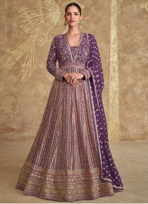 Purple Georgette Sangeet Floor Length Gown