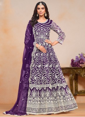 Purple Net Embroidered Floor Length Salwar Kameez