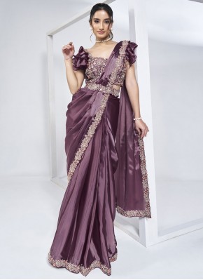 Purple Satin Silk Moti Traditional Saree