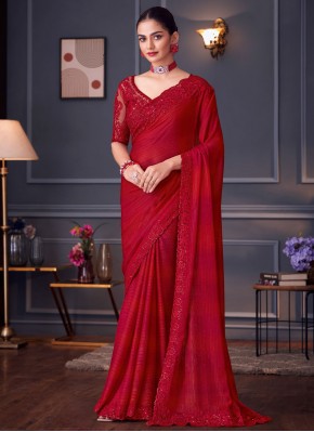 Rani and Red Embroidered Silk Designer Saree