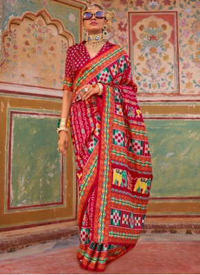 Rani and Red Printed Silk Contemporary Saree