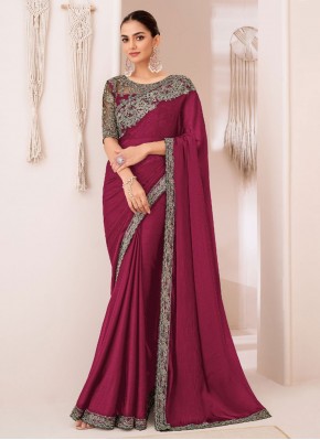 Rani and Wine Embroidered Party Contemporary Saree