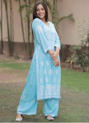 Rayon Aqua Blue Embroidered Designer Kurti