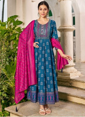 Rayon Embroidered Designer Gown in Blue