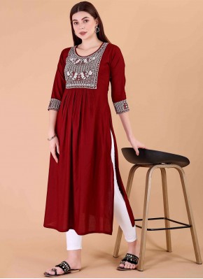 Rayon Red Embroidered Designer Kurti