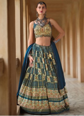 Readymade Lehenga Choli Paisley Print Silk in Navy Blue