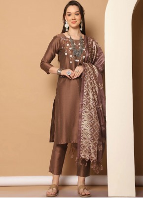 Readymade Salwar Kameez Embroidered Cotton Silk in Brown