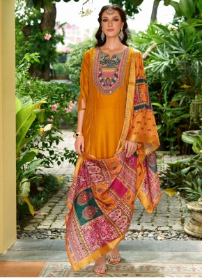 Readymade Salwar Kameez Lace Vichitra Silk in Mustard