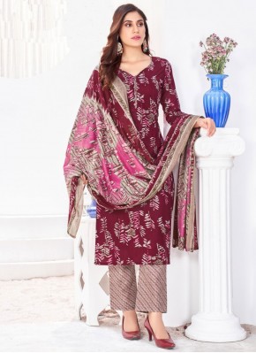 Readymade Salwar Kameez Printed Cotton in Burgundy