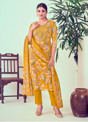 Readymade Salwar Suit Embroidered Chanderi Silk in Yellow