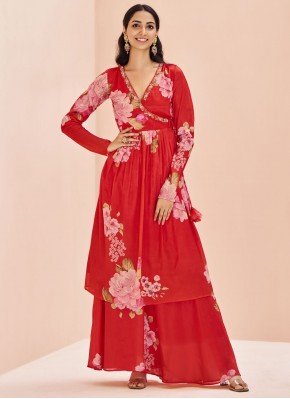 Red Chinon Party Wear Kurti