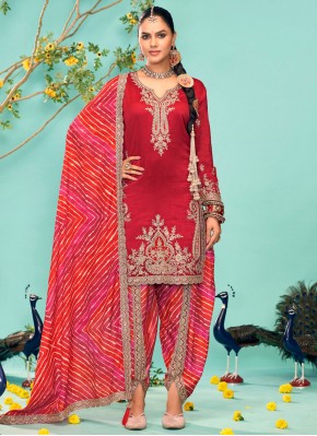 Red Chinon Readymade Salwar Kameez