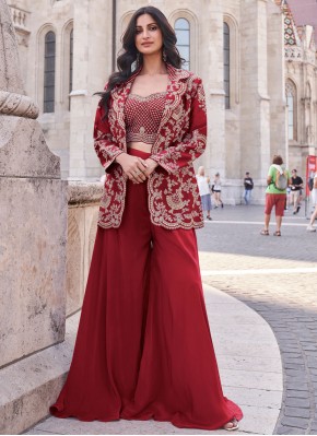 Red Embroidered Party Jacket Style Suit