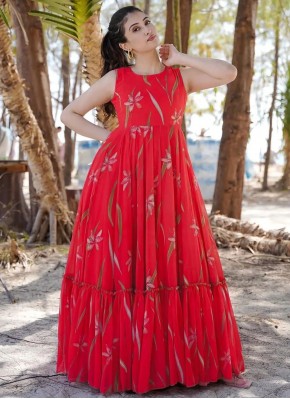 Red Faux Georgette Digital Print Readymade Gown