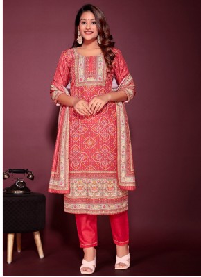 Red Muslin Embroidered Readymade Suit
