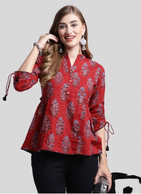 Red Printed Cotton Party Wear Kurti