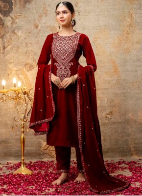 Red Velvet Sequins Readymade Salwar Kameez