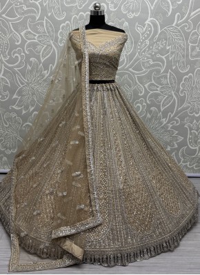 Remarkable Beige and Gold Sequins Net Trendy Lehenga Choli