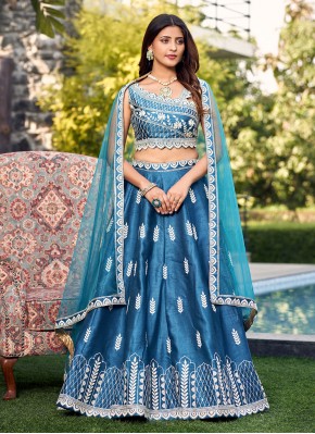 Renowned Blue Embroidered Art Silk Readymade Lehen