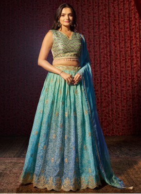 Renowned Printed Aqua Blue Lehenga Choli