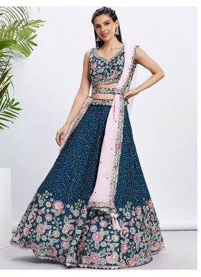 Navy Blue Georgette Satin Lehenga Choli