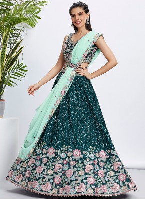 Georgette Satin Teal Lehenga Choli