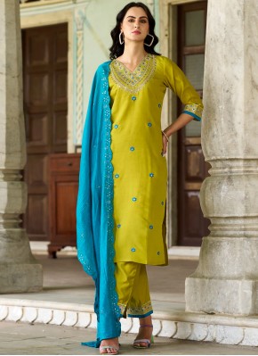 Resplendent Embroidered Silk Blend Green and Mustard Trendy Salwar Kameez