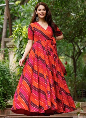 Riveting Multi Colour Digital Print Rayon Readymade Gown