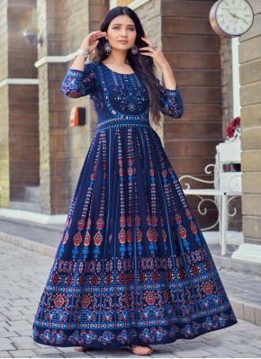 Riveting Rayon Blue Printed Designer Gown