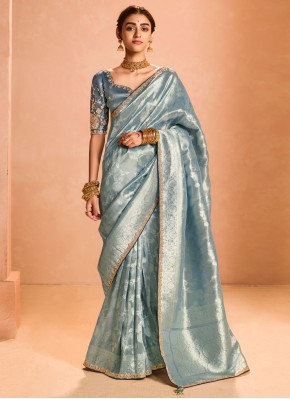 Ruritanian Zari Blue and Grey Tissue Traditional Saree