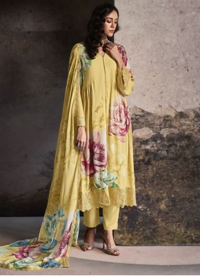 Salwar Kameez Digital Print Muslin in Yellow