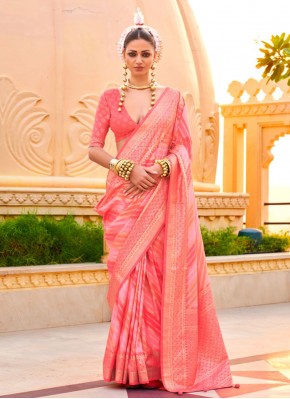 Saree Foil Print Silk in Peach