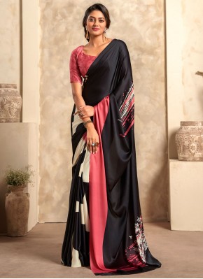 Satin Abstract Print Traditional Saree in Black and Pink