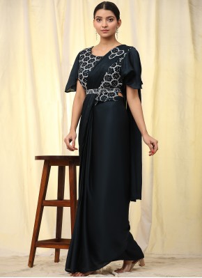 Satin Embroidered Contemporary Saree in Black