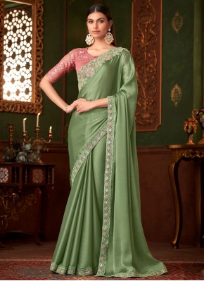 Satin Embroidered Green Designer Saree