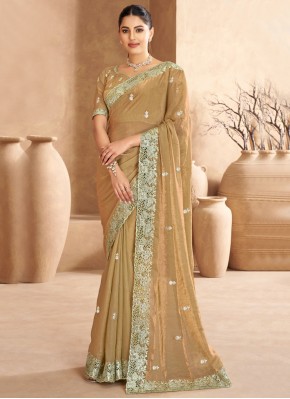 Satin Sequins Trendy Saree in Khaki