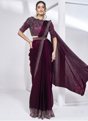 Satin Silk Khatli Work Classic Saree in Wine