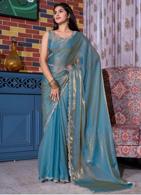 Satin Silk Swarovski Contemporary Saree in Firozi