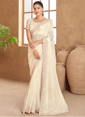 Satin Trendy Saree in Off White