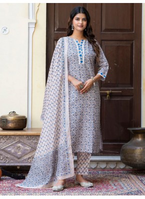 Savory Blended Cotton Print Aqua Blue Readymade Salwar Kameez