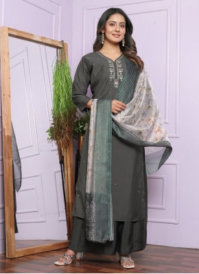 Scintillating Handwork Grey Silk Trendy Salwar Sui