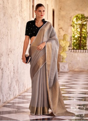 Scintillating Woven Grey Linen Trendy Saree