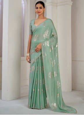 Sea Green Cutdana Satin Silk Trendy Saree